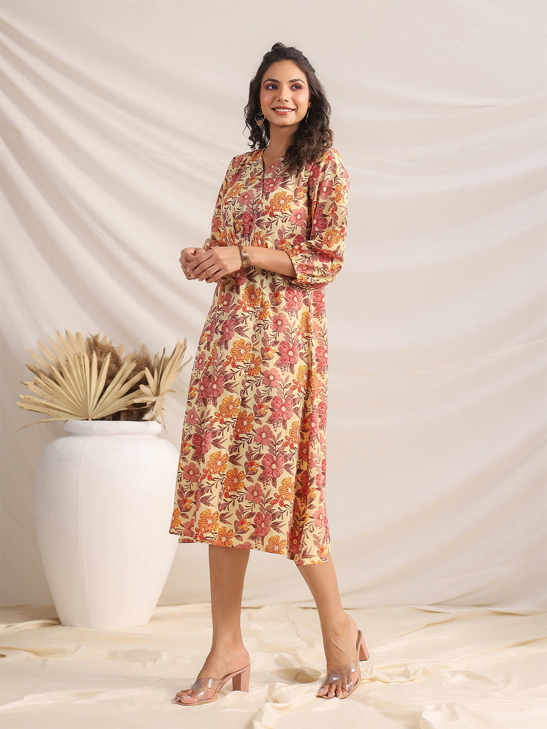 Janasya Gathered Cambric Yellow Floral V-Neck Dress - Distacart