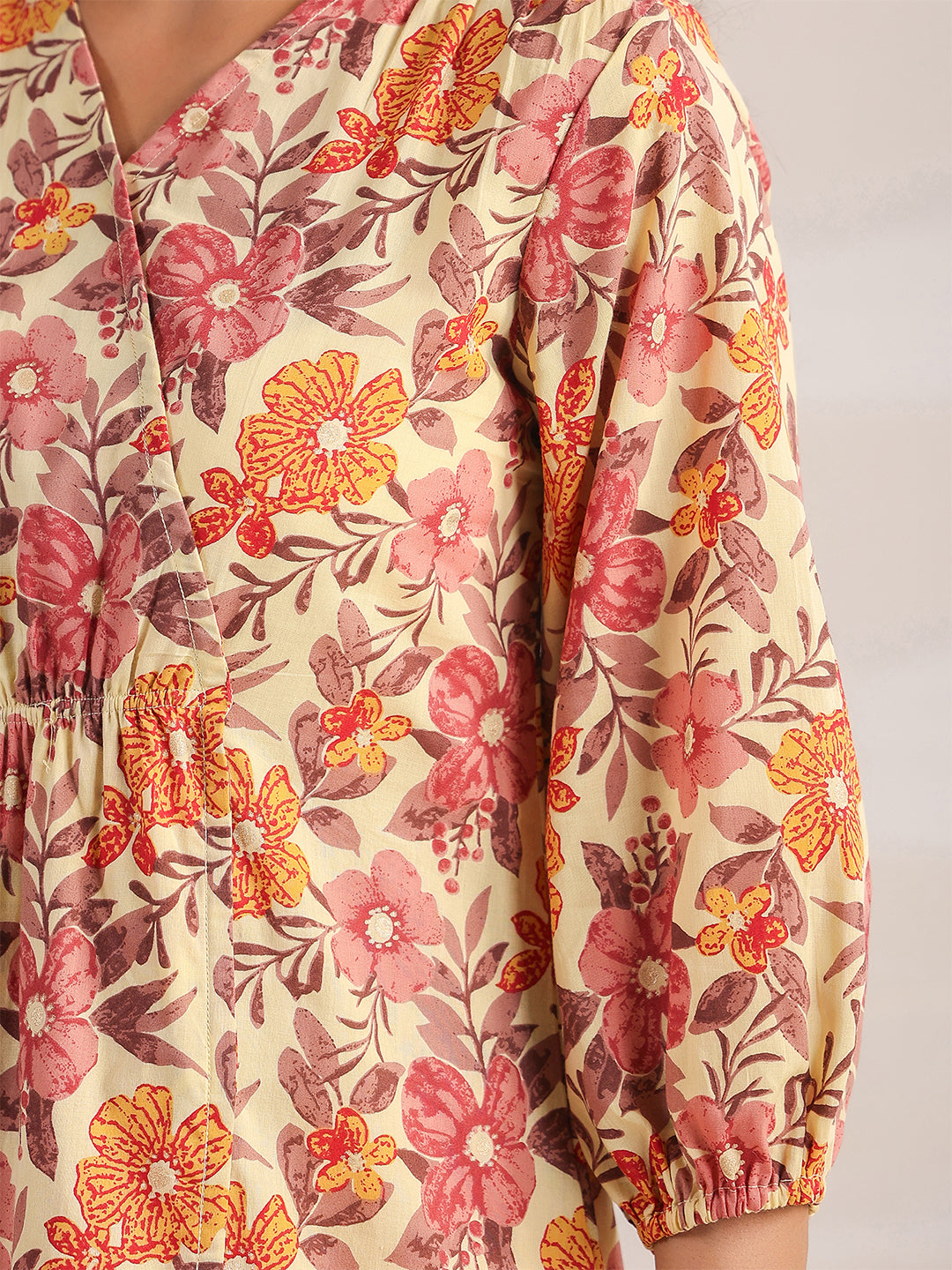 Janasya Gathered Cambric Yellow Floral V-Neck Dress - Distacart