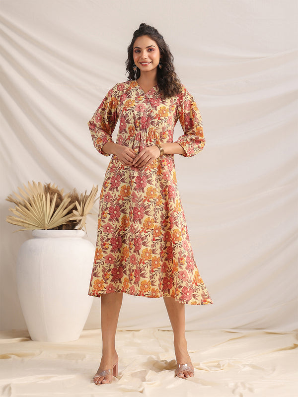 Janasya Gathered Cambric Yellow Floral V-Neck Dress - Distacart