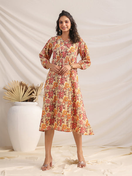 Janasya Gathered Cambric Yellow Floral V-Neck Dress - Distacart