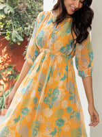 Thumbnail for Janasya From Style Master Dobby Georgette Floral Flared Dress