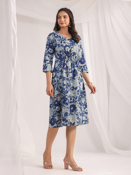 Janasya Indigo Cambric Floral Dress - Distacart