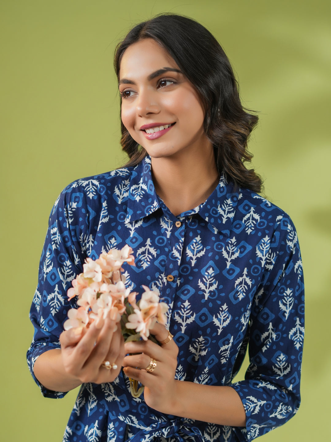 Janasya Dark Cotton Ethnic Motifs Shirt Dress Dress