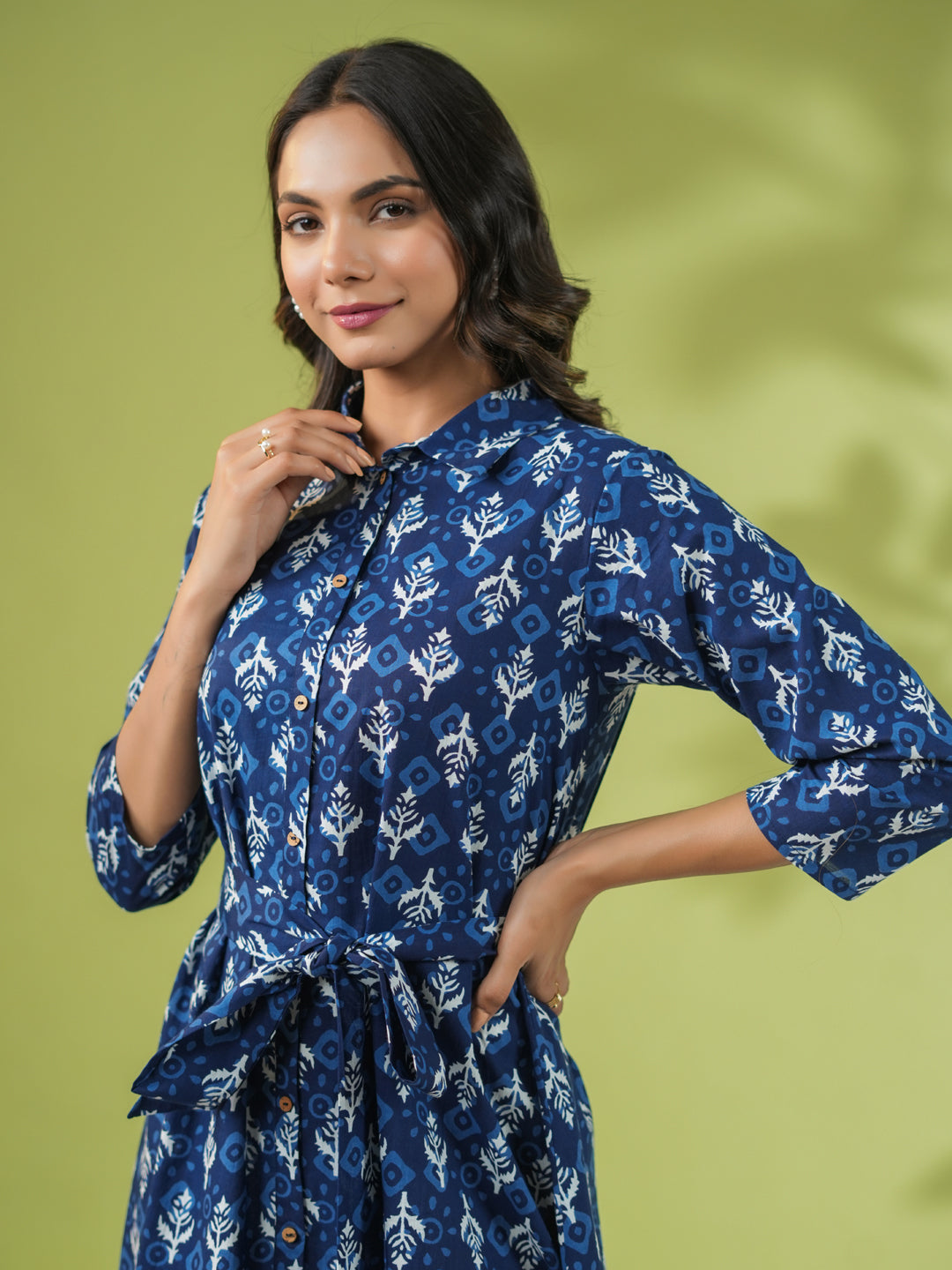Janasya Dark Cotton Ethnic Motifs Shirt Dress Dress