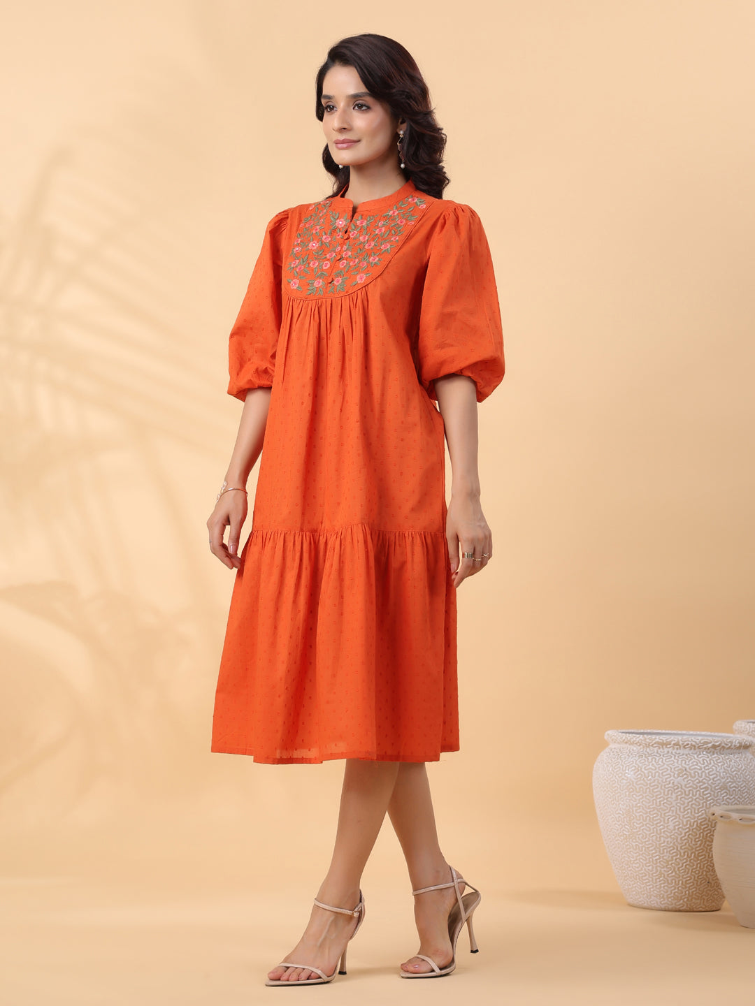 Janasya Pleated Dobby Cotton Rust Embroidered Band Collar Dress - Distacart