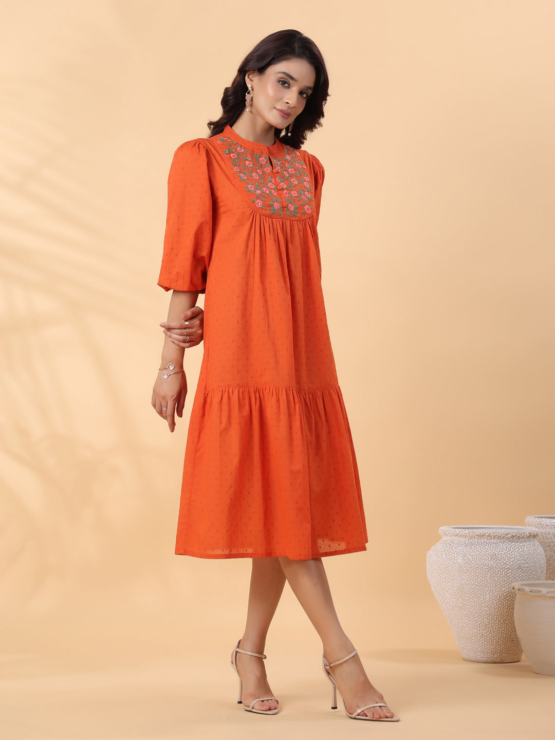 Janasya Pleated Dobby Cotton Rust Embroidered Band Collar Dress - Distacart