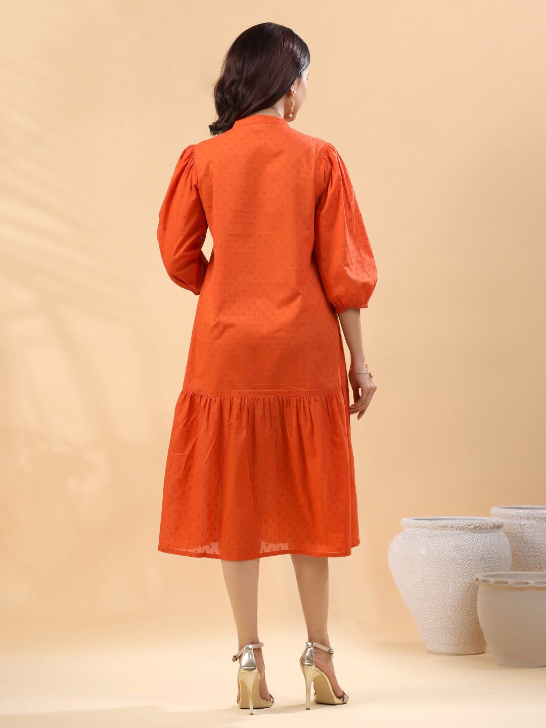 Janasya Pleated Dobby Cotton Rust Embroidered Band Collar Dress - Distacart