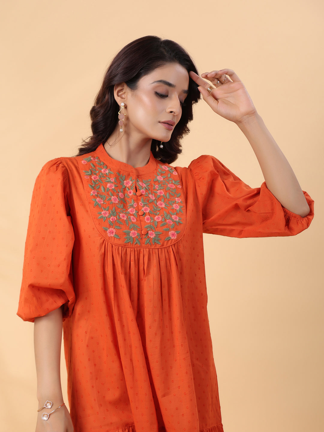 Janasya Pleated Dobby Cotton Rust Embroidered Band Collar Dress - Distacart