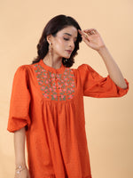 Thumbnail for Janasya Pleated Dobby Cotton Rust Embroidered Band Collar Dress - Distacart