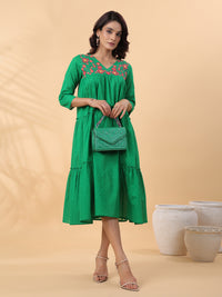 Thumbnail for Janasya Pleated Dobby Cotton Green Embroidered V-Neck Dress