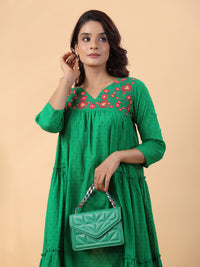 Thumbnail for Janasya Pleated Dobby Cotton Green Embroidered V-Neck Dress