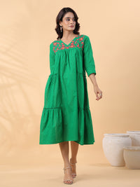 Thumbnail for Janasya Pleated Dobby Cotton Green Embroidered V-Neck Dress