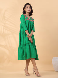 Thumbnail for Janasya Pleated Dobby Cotton Green Embroidered V-Neck Dress