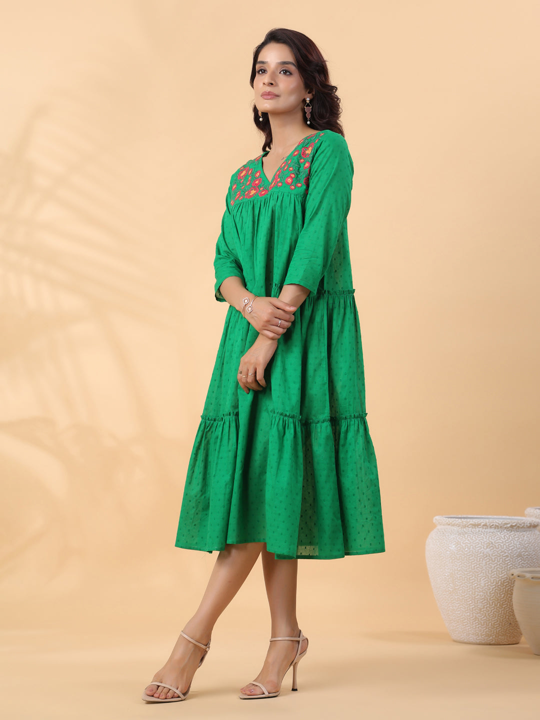 Janasya Pleated Dobby Cotton Green Embroidered V-Neck Dress