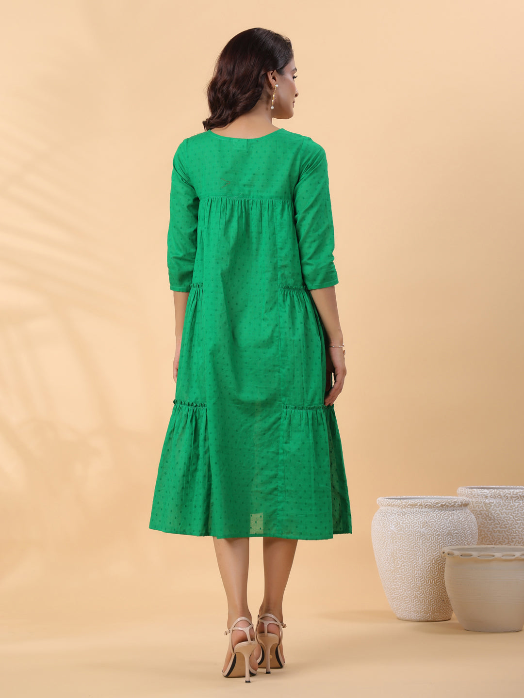 Janasya Pleated Dobby Cotton Green Embroidered V-Neck Dress