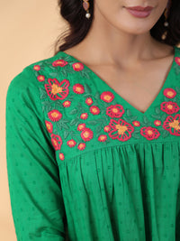 Thumbnail for Janasya Pleated Dobby Cotton Green Embroidered V-Neck Dress