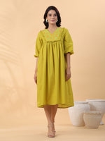 Thumbnail for Janasya Pleated Dobby Cotton Lime Green Embroidered V-Neck Dress - Distacart