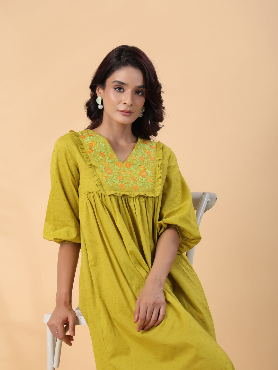 Janasya Pleated Dobby Cotton Lime Green Embroidered V-Neck Dress - Distacart