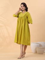 Thumbnail for Janasya Pleated Dobby Cotton Lime Green Embroidered V-Neck Dress - Distacart