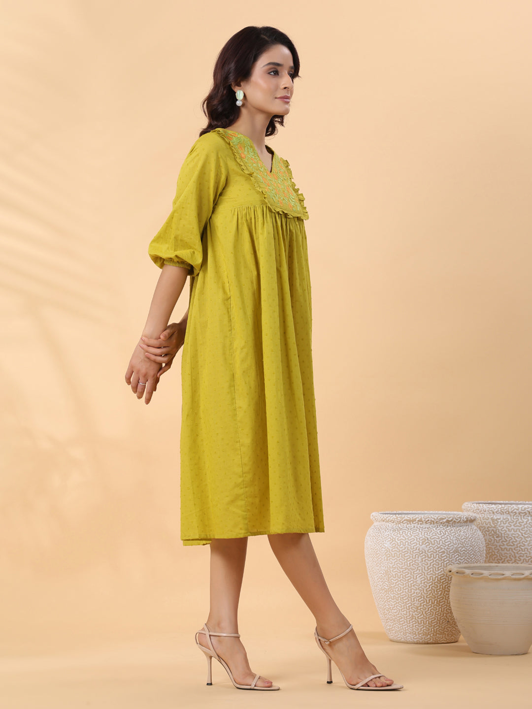 Janasya Pleated Dobby Cotton Lime Green Embroidered V-Neck Dress - Distacart
