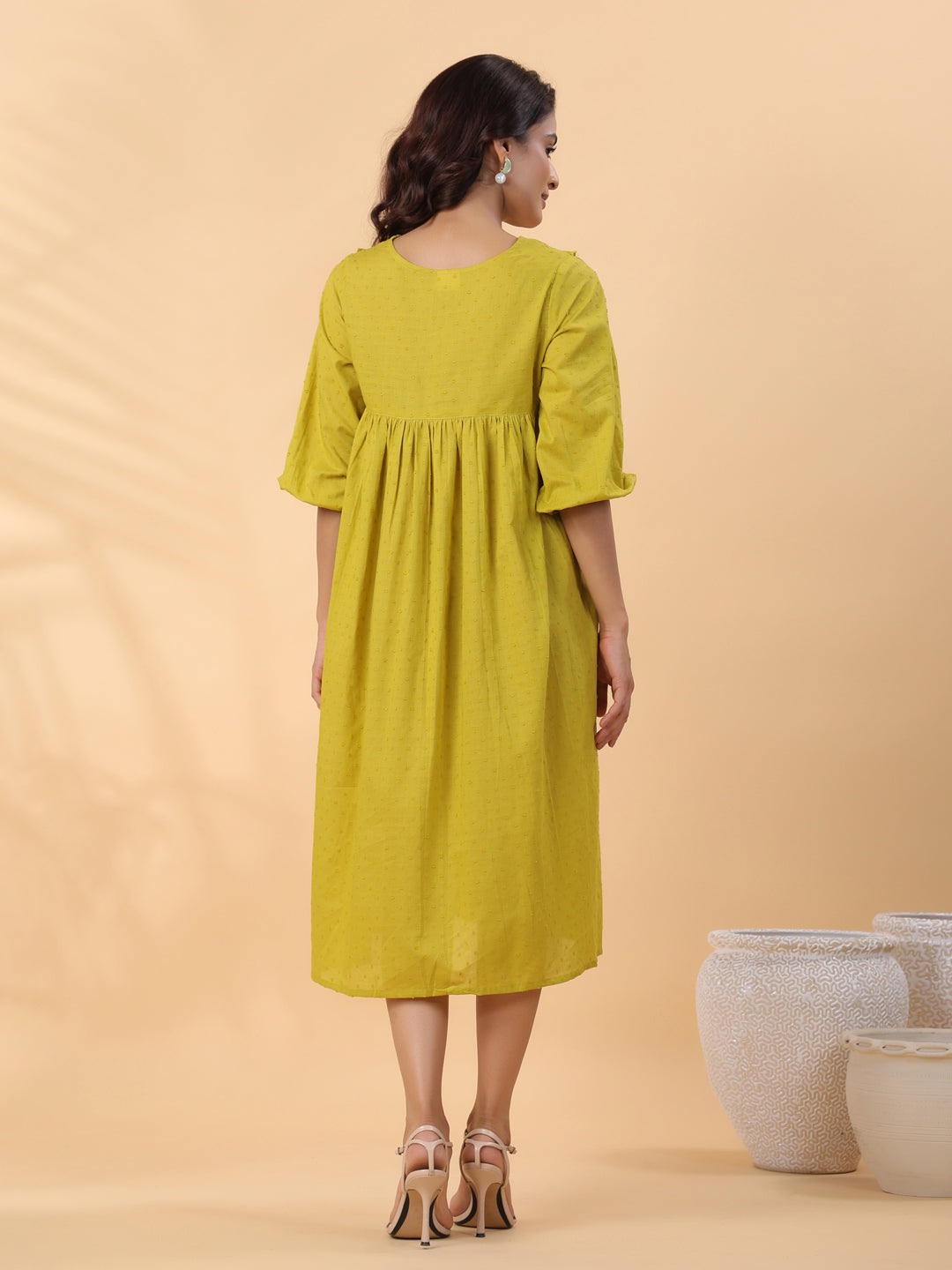 Janasya Pleated Dobby Cotton Lime Green Embroidered V-Neck Dress - Distacart