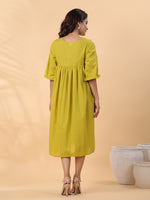 Thumbnail for Janasya Pleated Dobby Cotton Lime Green Embroidered V-Neck Dress - Distacart