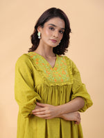 Thumbnail for Janasya Pleated Dobby Cotton Lime Green Embroidered V-Neck Dress - Distacart