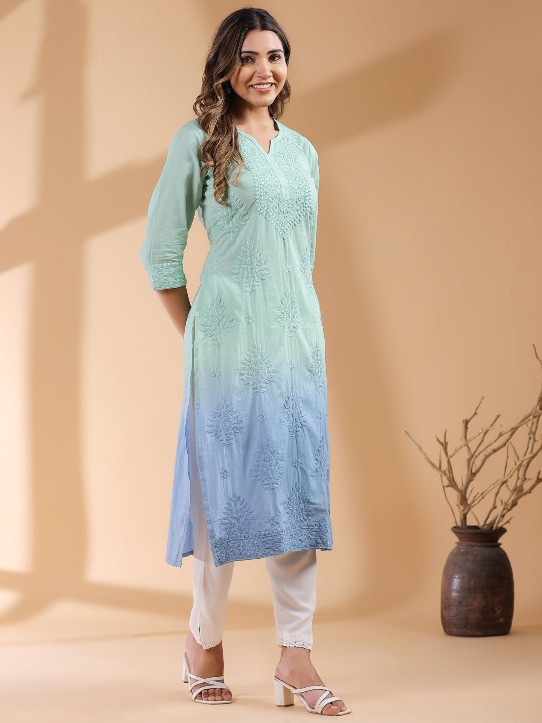Janasya Bright Cotton Ombre Straight Kurta