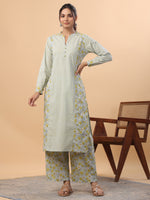 Thumbnail for Janasya Regular Cambric Light Blue Floral Mandarin Collar Set - Distacart