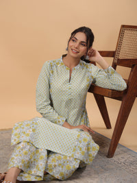 Thumbnail for Janasya Regular Cambric Light Blue Floral Mandarin Collar Set