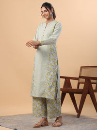 Thumbnail for Janasya Regular Cambric Light Blue Floral Mandarin Collar Set