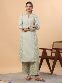 Thumbnail for Janasya Regular Cambric Light Blue Floral Mandarin Collar Set
