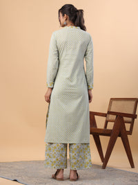Thumbnail for Janasya Regular Cambric Light Blue Floral Mandarin Collar Set