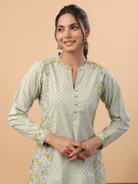 Thumbnail for Janasya Regular Cambric Light Blue Floral Mandarin Collar Set