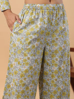 Thumbnail for Janasya Regular Cambric Light Blue Floral Mandarin Collar Set - Distacart