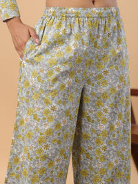 Thumbnail for Janasya Regular Cambric Light Blue Floral Mandarin Collar Set