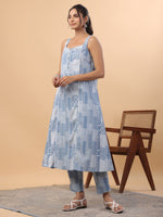 Thumbnail for Janasya A-Line Cambric Blue Ethnic Motifs Sweetheart Neck Set - Distacart
