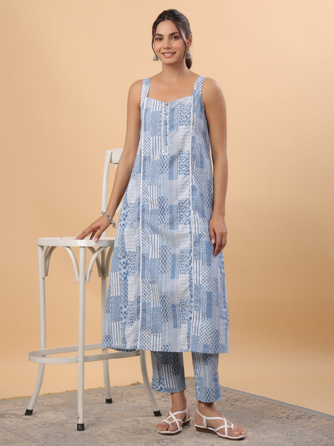 Janasya A-Line Cambric Blue Ethnic Motifs Sweetheart Neck Set - Distacart