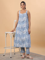 Thumbnail for Janasya A-Line Cambric Blue Ethnic Motifs Sweetheart Neck Set - Distacart