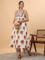 Thumbnail for Janasya Gathered Cambric Cream Floral Round Neck Kurta & Bottom - Distacart