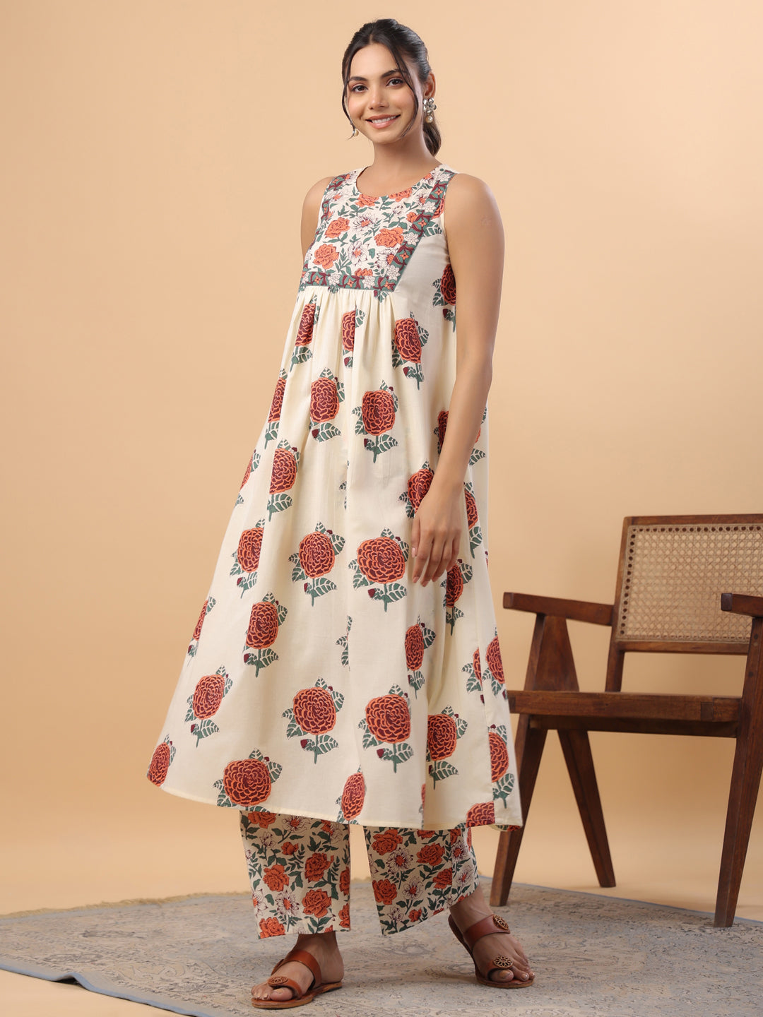 Janasya Gathered Cambric Cream Floral Round Neck Kurta & Bottom - Distacart