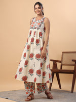Thumbnail for Janasya Gathered Cambric Cream Floral Round Neck Kurta & Bottom - Distacart