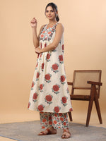 Thumbnail for Janasya Gathered Cambric Cream Floral Round Neck Kurta & Bottom - Distacart