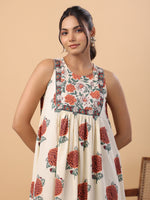 Thumbnail for Janasya Gathered Cambric Cream Floral Round Neck Kurta & Bottom - Distacart
