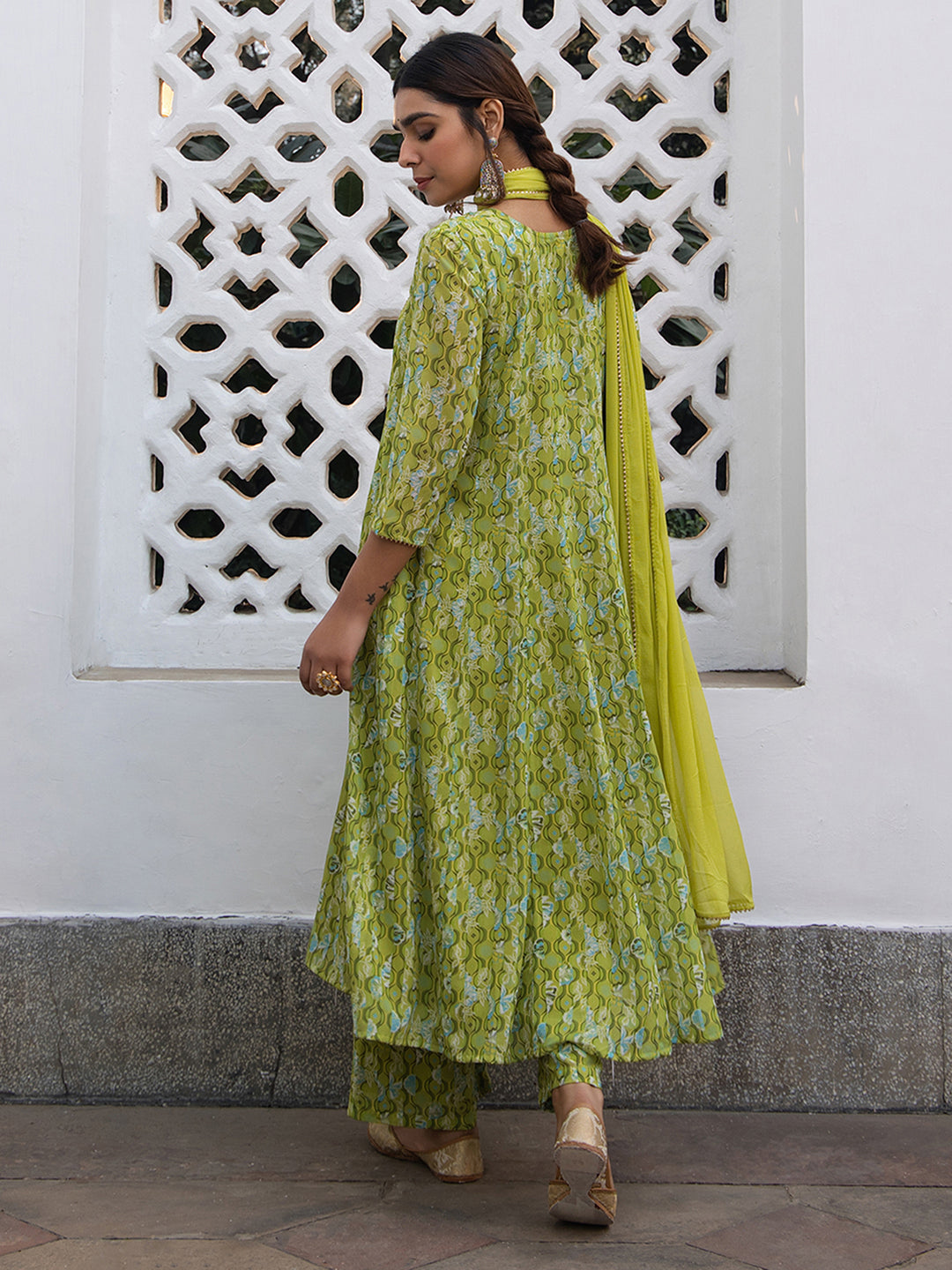 Janasya Anarkali Weightless Georgette Lime Green Yoke Embroidery Notch Neck Set - Distacart