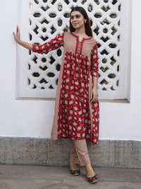 Thumbnail for Janasya A-Line Cambric Red Floral Notch Neck Kurta & Bottom