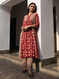 Thumbnail for Janasya A-Line Cambric Red Floral Notch Neck Kurta & Bottom