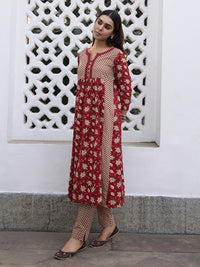Thumbnail for Janasya A-Line Cambric Red Floral Notch Neck Kurta & Bottom
