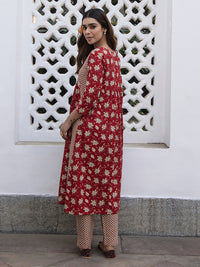Thumbnail for Janasya A-Line Cambric Red Floral Notch Neck Kurta & Bottom