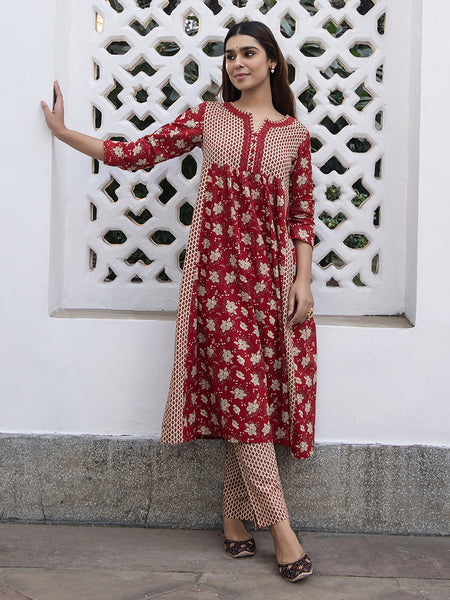 Janasya A-Line Cambric Red Floral Notch Neck Kurta & Bottom - Distacart